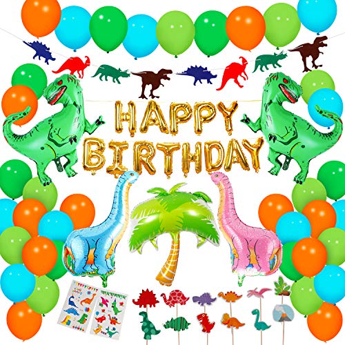 Dinosaur Party Supplies - 90 pcs for Birthday Decorations Dino Party Decorations for kids dinosaur party favors Dinosaur party balloons Dinosaur Cake Topper jungle Latex Balloons with Pump tattoo - Click to Buy