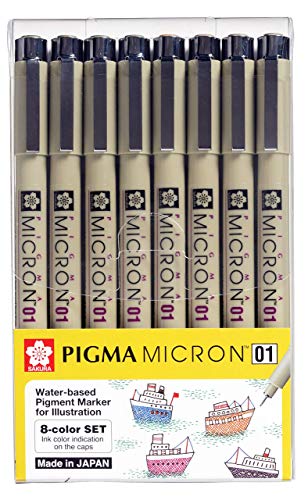 Pigma Line Drawing 8 Color pens Set, Bible journaling Study kit, Assorted fine Point 01 (Multi 8 Colors)
