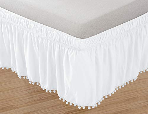 Elegant Comfort Top-Knot Tassle Pompom Fringe Ruffle Skirt Around Style Elastic Bed Wrap- Wrinkle Resistant 16 inch Drop, Twin/Full, White - Click to Buy