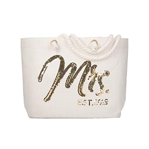 ELEGANTPARK Future Mrs. EST. 2019 Personalized Bride Tote Wedding Bachelorette Bridal Shower Gifts Large Shoulder Bag Gold Sequin with Interior Pocket Jute - Click to Buy