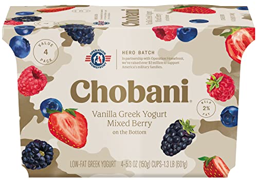 Chobani® Low-Fat Vanilla Greek Yogurt, Mixed Berry on the Bottom 5.3oz 4-pack - Click to Buy