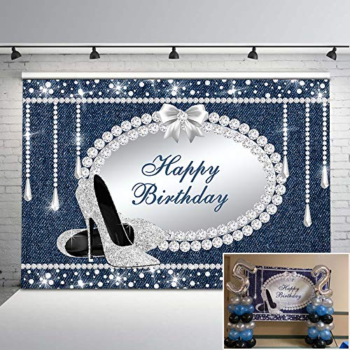Mehofoto Denim and Diamonds Party Backdrop Glitter Diamonds Crystal Heels Photography Backdrops 7x5ft Happy Birthday Vinyl Background Photoshoot Props - Click to Buy