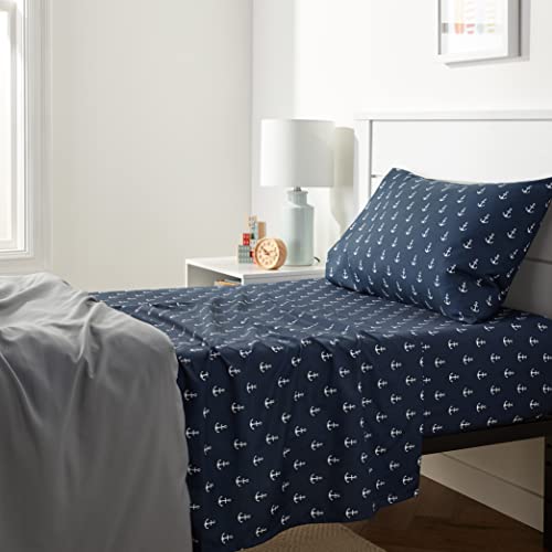 Amazon Basics Kid's Soft Easy-Wash Lightweight Microfiber 3-Piece Sheet Set, Twin, White Anchors, Printed