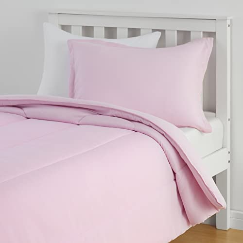 Amazon Basics Kid's 2 Piece Comforter and Pillow Sham Set, Soft, Easy Wash Microfiber, Twin, Light Pink, Solid - Click to Buy