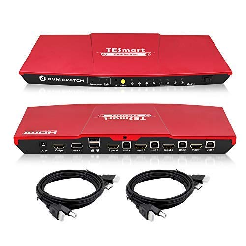 TESmart 4 Port HDMI KVM Switch, Support 4K@30Hz RGB 4:4:4, USB 2.0 Hub, EDID, Hotkey, Button Switching, IR Remote Control, PC Keyboard Mouse Switcher Box for 4 Computers/Servers/DVR with 5ft Cables - Click to Buy