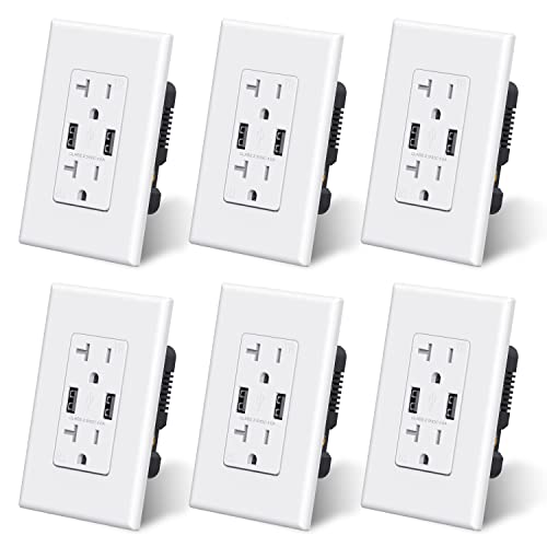 ELEGRP USB Charger Wall Outlet, Dual High Speed 4.0 Amp USB Ports with Smart Chip, 20 Amp Duplex Tamper Resistant Receptacle Plug, Wall Plate Included, UL Listed (6 Pack, Glossy White) - Click to Buy
