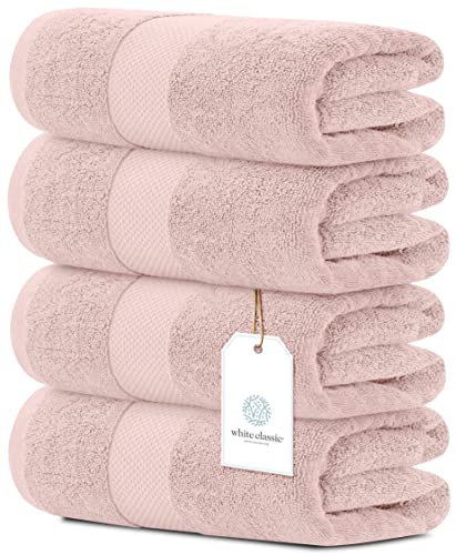 White Classic Luxury Bath Towels Large | 700 GSM Cotton Absorbent Hotel Bathroom Towel | 27x54 Inch | 4 Pack | Pink - Click to Buy