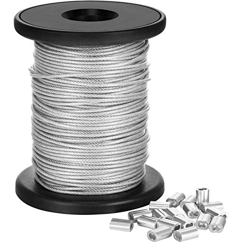Chengu Vinyl Coated Picture Frame Hanging Wire, Stainless Steel Wire Spool with 20 Pieces Aluminum Crimping Loop Sleeve, Supports up to 110 Lbs (1.5 mm x 98 Feet) - Click to Buy