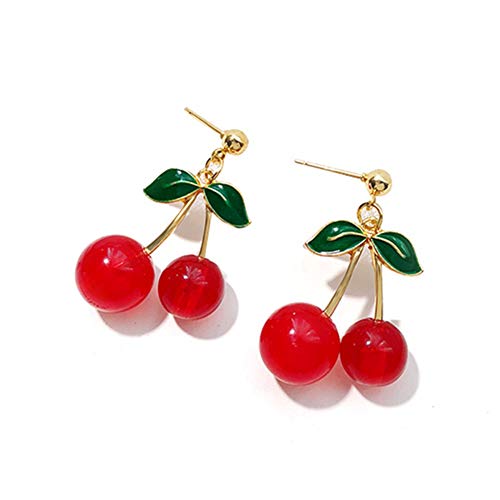 18K Gold Plated Fruit Earring 3D Green Leaf Red Cherry Charm Tassel Drop Stud Earrings - Click to Buy