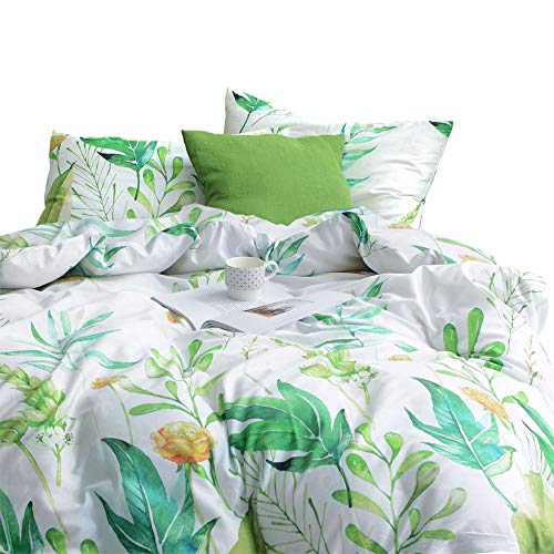Wake In Cloud - Floral Comforter Set, 100% Cotton Fabric with Soft Microfiber Fill Bedding, Botanical Flowers and Green Tree Leaves Pattern Printed on White (3pcs, King Size) - Click to Buy