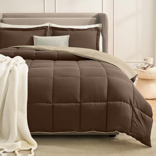 Homelike Moment Queen Comforter Set Brown, Comforters Queen Size Set Lightweight Reversible Down Alternative Bed Comforter Full Size Soft, All Season 3 Pieces Bedding Sets Brown/Beige