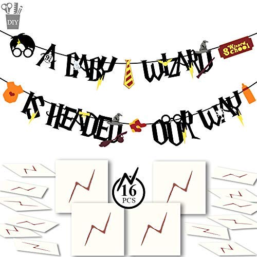 YoHold Baby Shower Banner and Lightning Bolt Tattoos for Magical Themed Baby Shower Party Decorations (1 Set Felt Banner+16 Pack Tattoos, Black) - Click to Buy