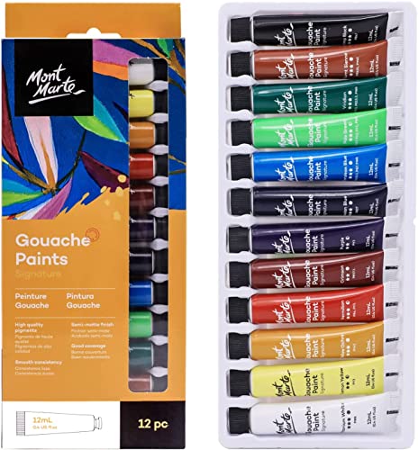 Mont Marte Gouache Set – 12 Stück, 12 ml Tuben – Ideal für Gouachemalerei – Brillante, lichtechte Gouache Farben mit großer Deckkraft - Click to Buy