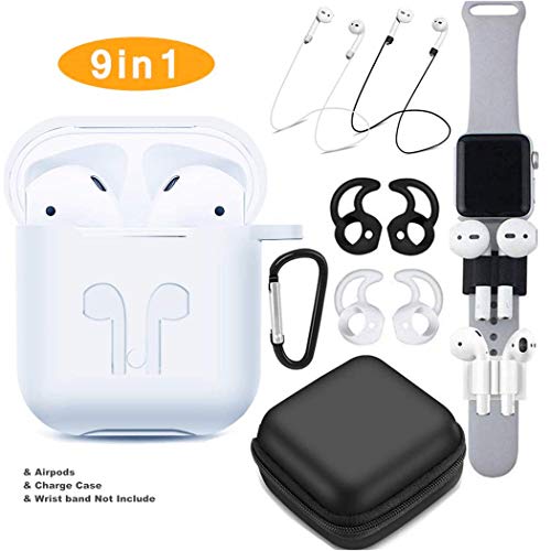 SANSUNTEK Airpods Case Airpods Accessories Set9 in 1 Protective Silicone Cover and Skin Compatible Apple Airpods with Anti-Lost Airpods StrapAirpods Ear Hook/Watch Band Holder/Keychain/Carrying Box (White) - Click to Buy