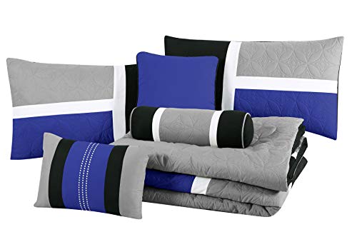 Chezmoi Collection 7-Piece Quilted Patchwork Comforter Set, Gray/Blue/Black, California King