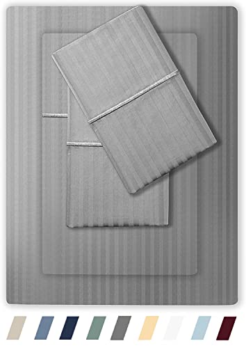 Feather & Stitch 500 Thread Count 100% Cotton Stripe Sheets + 2 Pillowcases, Soft Sateen Weave, Deep Pocket, Hotel Collection, Luxury Bedding Set (Grey, Split King)