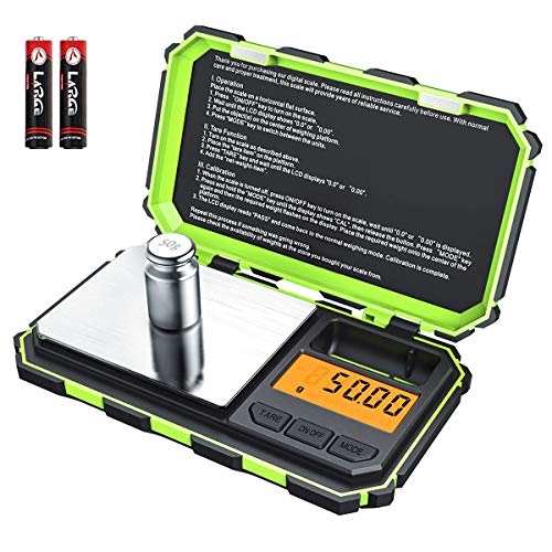 AMIR New Digital Mini Scale, 200g /0.01g Pocket Scale, 50g Calibration Weight, Electronic Smart Scale, LCD Backlit Display, 6 Units, Auto Off, Tare, Stainless Steel, Green - Click to Buy