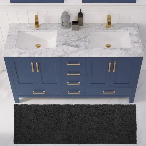 LuxUrux Plush Chenille Runner Rug – Ultra-Soft, Absorbent & Non-Slip Bath Mat for Bathroom, Hallway & More, Machine Washable (27 x 47 inches, Black)