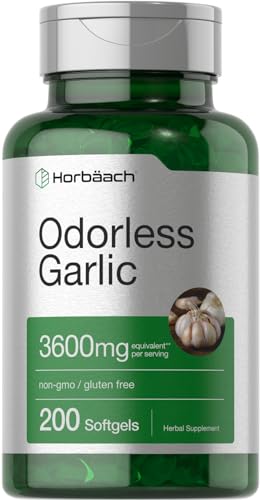 Horbäach Odorless Garlic Softgels 3600 mg | 200 Count | Ultra Potent Garlic Extract | Non-GMO & Gluten Free Supplement - Click to Buy