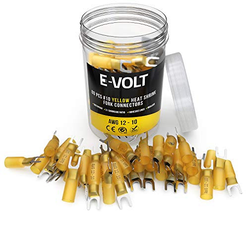 E-VOLT Heat Shrink Fork Connectors - 80 PC Size #10 Yellow Crimp Terminals with 3:1 Adhesive Lined Shrink Tubing for 12-10 Gauge Wire - Industrial Grade Wire Crimps for Marine, Audio and Automotive - Click to Buy
