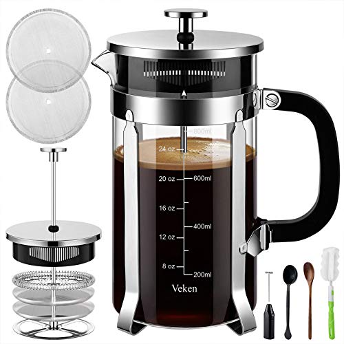 Veken French Press Coffee Maker (34 oz), 304 Stainless Steel Coffee Press with 4 Filter Screens, Durable Easy Clean Heat Resistant Borosilicate Glass - 100% BPA Free, Silver - Click to Buy