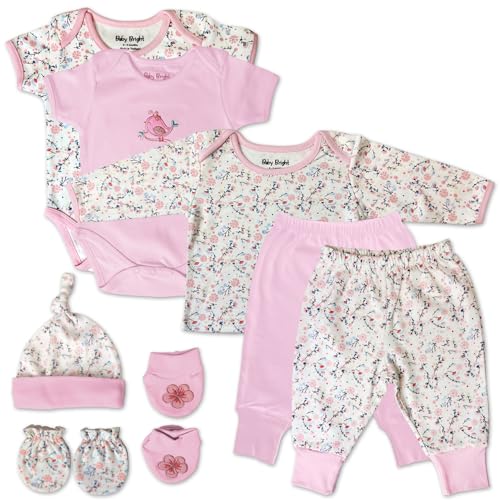 Baby Bright Newborn Clothes for Girl 0 to 3 Months 8 pcs Set Made from 180GSM BioSilky 100% Combed Cotton with Embroidery Includes Bib Mittens Booties Pajama Set Cap and 2 Bodysuits - Click to Buy