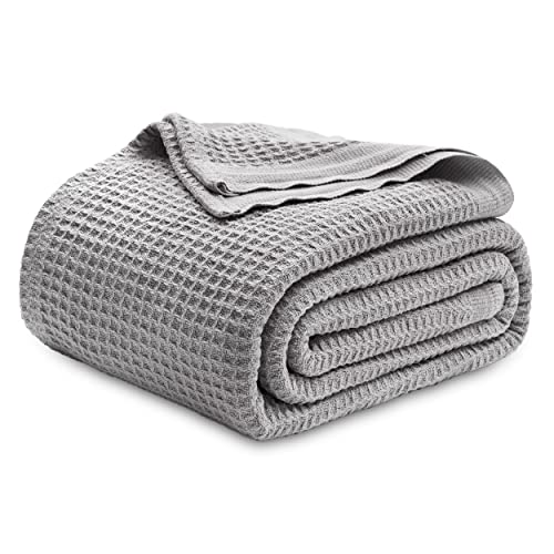 Bedsure 100% Cotton Blankets Queen Size for Bed - Waffle Weave Blankets for All Seasons, Cozy and Soft Woven Blankets, Lightweight Fall Blankets, Grey, 90x90 Inches - Click to Buy
