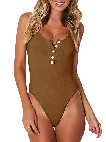 REORIA Women's Trendy Sexy Scoop Neck Racerback Tank Top Button Down Bodysuits - Click to Buy