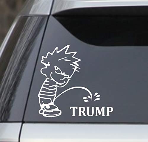 White 6" Calvin Peeing Piss Pissing On Trump President Window Sticker Decal – (Anti Trump Stop Impeach Resist Bumper Election) Good for Cars, Trucks, laptops, lockers etc - Click to Buy