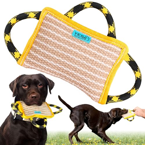 Durable Dog Bite Pillow (10"x7"), Safe Biting Pad w/ 3 Comfortable & Strong Handles, Tough Jute Tug Toy for Medium to Large Dogs, Ideal for Tug of War, K9, Schutzhund & Puppy Training by Yes4Quality - Click to Buy
