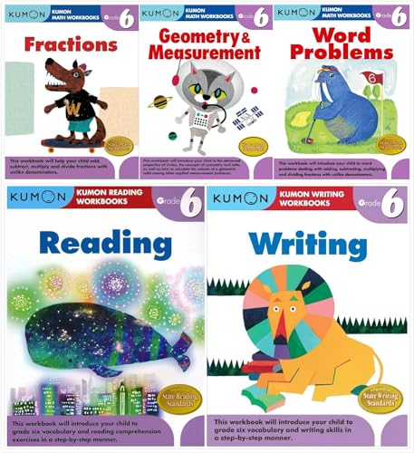 Kumon Workbooks Grade 6 Complete Set (5 Books) - Fractions, Geometry&Measurement, Word Problems, Reading, Writing - Click to Buy