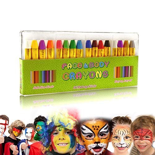 GiBot Face Paint Crayons 16 Colors Face and Body Paint Sticks Body Tattoo Crayons Kit for Kids, Child,Toddlers, Adult and World Cup Carnival,Non-Toxic,Set of 16 - Click to Buy