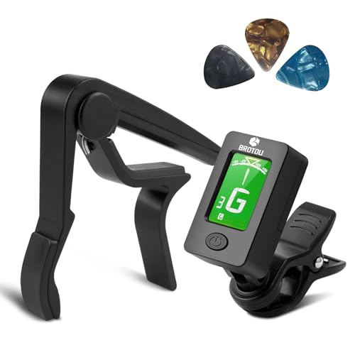 BROTOU Guitar Tuner Clip On with Guitar Capo for Guitar, Bass, Violin, Ukulele, Digital Electronic Tuner Acoustic Guitar Accessories with LCD Display (3 Guitar Picks)
