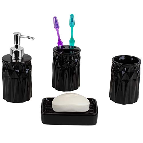 Home Basics (Black D Beautiful Prism 4 Pcs Ceramic Durable Bath Accessory Set Lotion Dispenser/Dish/Tumbler/Toothbrush Holder Decorating Idea - Click to Buy