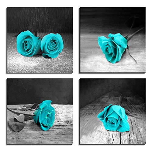 LKY ART Canvas Wall Art for Living Room Rose Painting Teal Black and White Floral Pictures - Big Modern Flower Prints - 4 Multi Panel Canvas Wall Art for Bedroom (12x48inch Total (Rose) - Click to Buy