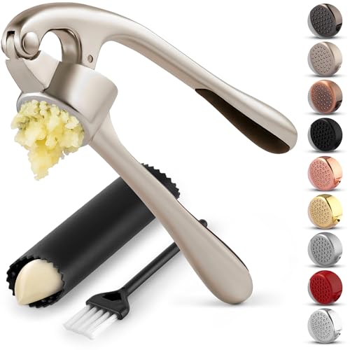 Zulay Kitchen Premium Garlic Press Set - Rust Proof & Dishwasher Safe Professional Garlic Mincer Tool - Easy-Squeeze, Easy-Clean with Soft, Ergonomic Handle - Silicone Garlic Peeler & Brush (Silver) - Click to Buy