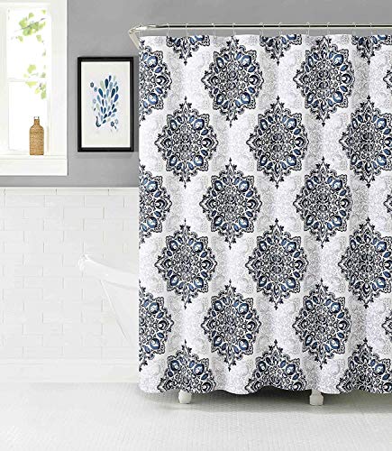 VCNY Home Navy Blue Shower Curtain: Tranquility Teal White Fabric Bohemian Floral Medallion Damask Design - Click to Buy