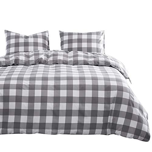 Wake In Cloud - Gingham Comforter Set, Plaid Buffalo Check Checked Checkered Farmhouse Cottagecore Cute Geometric, Soft Lightweight Bedding, 3 Pieces, Gray, Twin/Twin XL Size - Click to Buy