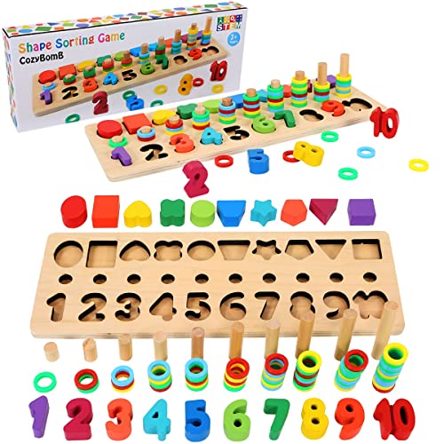 CozyBomB™ Montessori Educational Wooden Toys for Kids Toddler Number Puzzles Sorter Counting Shape Stacker Stacking Game Preschool Math Blocks Toys Gifts for Boy Girl Birthdays Christmas Holidays - Click to Buy