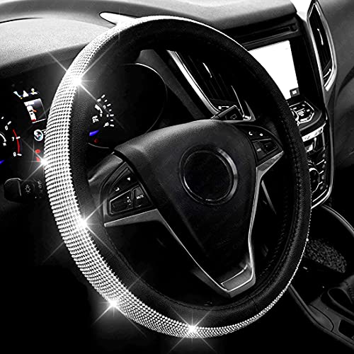 New Diamond Leather Steering Wheel Cover with Bling Bling Crystal Rhinestones, Universal Fit 15 Inch Car Wheel Protector for Women Girls,Black… - Click to Buy