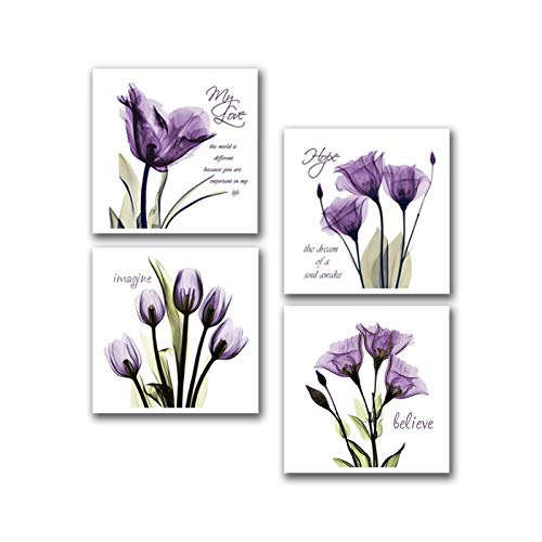 Sweety Decor, Canvas Print Wall Art Painting, Elegant Purple Flower for Home Decor, 12 x 12in x 4Panels (Purple, 12 x 12in) - Click to Buy