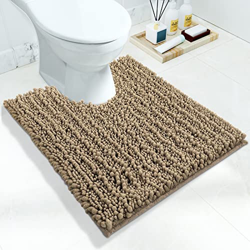 Yimobra Toilet Rugs U Shaped 24x20, Soft Comfortable Absorbent Chenille Toilet Mat for Bathroom Floor, Non-Slip Contour Bathroom Rugs for Toilet, Dry Quickly Machine Washable, Pale Khaki - Click to Buy