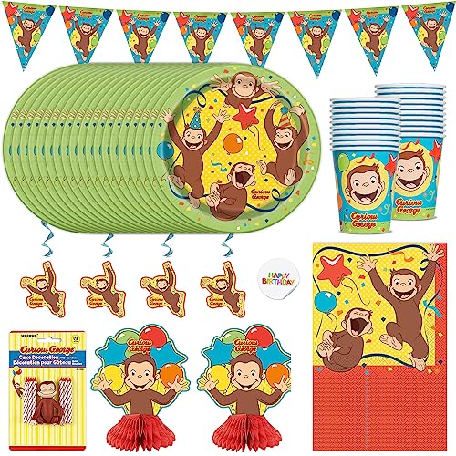 Curious George Party Supplies | Curious George Birthday Decorations | Curious George Cups and Plates, Hanging Banner, Decorations, Candles, and More | Serves 16 - Click to Buy