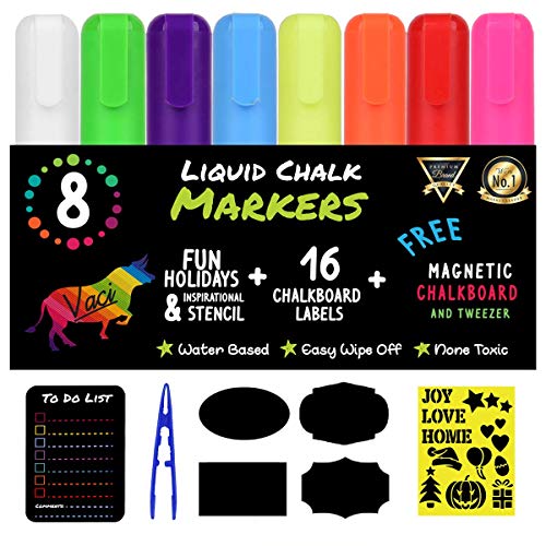 Vaci Markers 8 Multicolored Liquid Chalk Markers with Magnetic Blackboard, Stencils & Labels | Erasable, Non-Toxic, Water-Based | 6 mm Reversible Tip | On Windows, Glass & More | Kids & Adults - Click to Buy