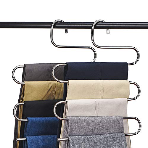 CEISPOB Multi-Purpose Pants Hangers, S-Type 5 Layers Stainless Steel Clothes Hangers Storage Pant Rack Closet Space Saver for Trousers Jeans Towels Scarf Tie (4-Pieces) - Click to Buy