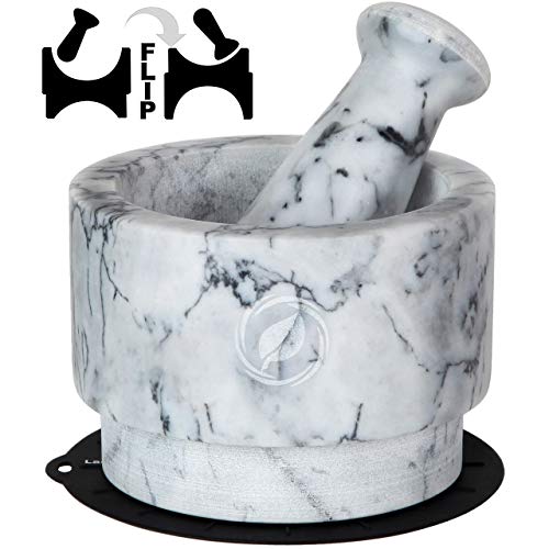 Laevo Marble Mortar and Pestle Set - 14 cm Spice Crusher Stone Grinding Bowl, 500 ml Reversible Granite Heavy-Duty Stone Pounder for Guacamole, Herbs and Spices - with Silicone Lid, Mat and Spoon - Click to Buy