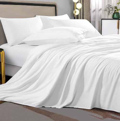 Shilucheng Sheet Set - Breathable & Cooling Bed Sheets - Soft 1800 Thread Count Microfiber Hotel Sheets - Comfy Bedding 16 Inch Deep Pockets & Easy Fit - 4 Piece(California King, White) - Click to Buy