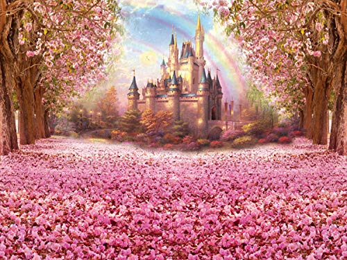 Cherry Blossoms Street Photography Backdrop Fairytale Castle Children Photo Booth Backdground Studio Props for Baby Prince Girl Birthday Party(7x5) 003 - Click to Buy