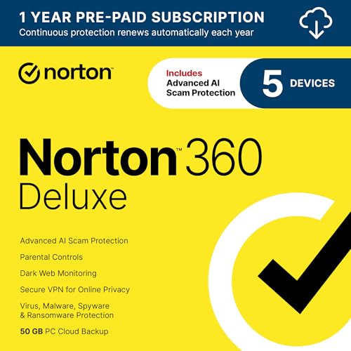 Norton 360 Deluxe 2025, Antivirus software for 5 Devices with Auto-Renewal – Includes Advanced AI Scam Protection, VPN, Dark Web Monitoring & PC Cloud Backup [Download] - Click to Buy