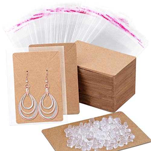 Earring Cards, Anezus 100 Pcs Earring Display Cards Earring Holder Cards with 200 Earring Backs and 100 Self- Sealing Bags for Earrings Necklace Jewelry Display, Kraft Color 3.5x2.4 Inches - Click to Buy